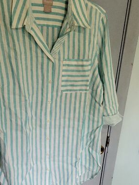 Chico's Sz Large Mint & White Striped Button-Down Linen Shirt